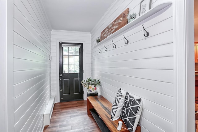 285 Willow Grove Rd, Stony Point, NY 10980 - mudroom with crown molding, wooden walls, and wood finished floors