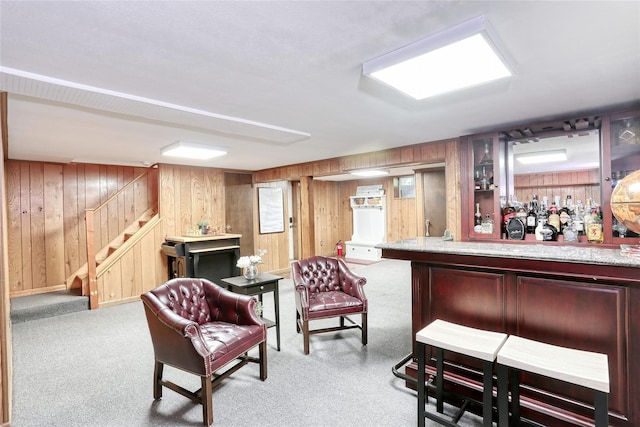 285 Willow Grove Rd, Stony Point, NY 10980 - indoor dry bar featuring stairway, wooden walls, and carpet