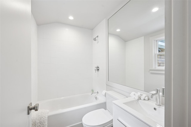 69 Bay View Dr W, Sag Harbor, NY 11963 - bathroom with toilet, vanity, tub / shower combination, recessed lighting, and lofted ceiling