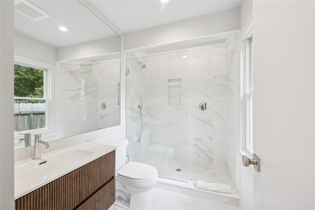 69 Bay View Dr W, Sag Harbor, NY 11963 - full bath featuring toilet, vanity, a marble finish shower, marble finish floors, and recessed lighting