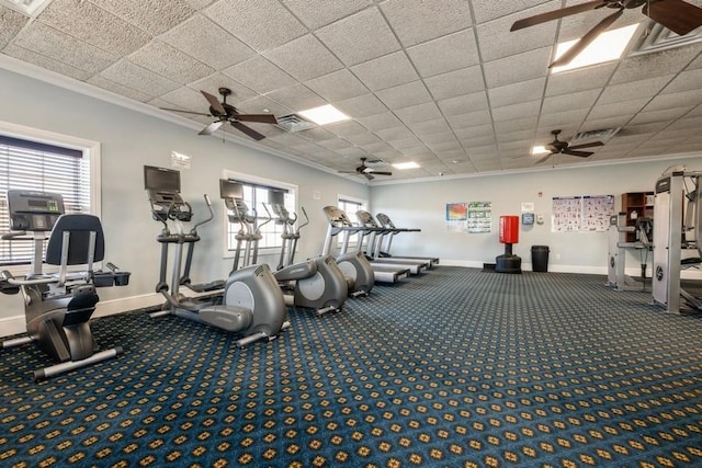 174 Spring Dr Unit 174, East Meadow, NY 11554 - exercise room with ceiling fan, crown molding, carpet, and baseboards