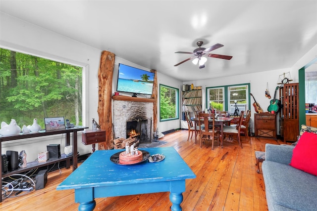 11 Waldweg Dr, Sparrowbush, NY 12780 - living room featuring ceiling fan, a fireplace, and wood-type flooring