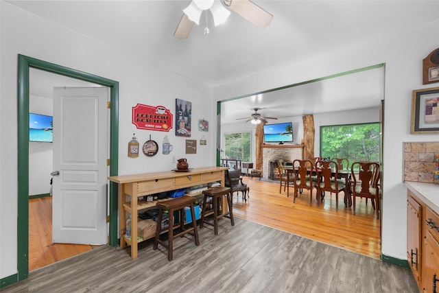 11 Waldweg Dr, Sparrowbush, NY 12780 - dining space featuring a ceiling fan, wood finished floors, and a warm lit fireplace