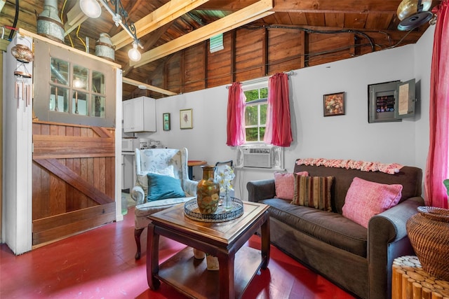 11 Waldweg Dr, Sparrowbush, NY 12780 - living area featuring wooden ceiling with exposed beams, cooling unit, electric panel, and high vaulted ceiling
