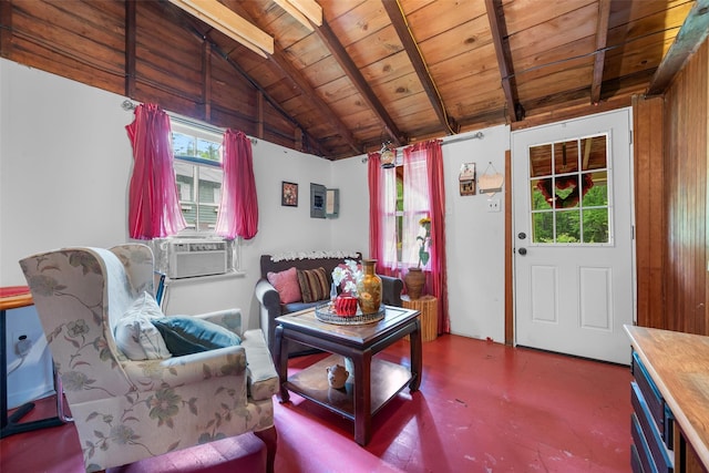 11 Waldweg Dr, Sparrowbush, NY 12780 - living room featuring wooden ceiling, cooling unit, and finished concrete flooring