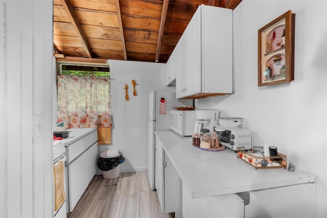 11 Waldweg Dr, Sparrowbush, NY 12780 - kitchen with wood ceiling, light countertops, white cabinets, white appliances, and light wood-style flooring