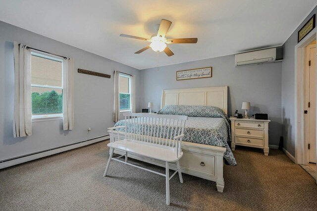 370 Pheasant Pl, Greenport, NY 11944 - bedroom featuring a wall mounted AC, a baseboard heating unit, dark carpet, and ceiling fan