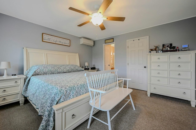 370 Pheasant Pl, Greenport, NY 11944 - bedroom featuring an AC wall unit, dark carpet, and ceiling fan