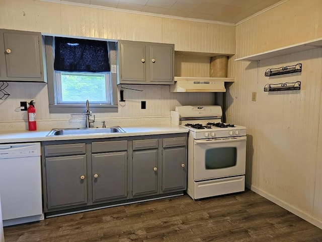 3 Fall St, Port Jervis, NY 12771 - kitchen with gray cabinetry, white appliances, a sink, under cabinet range hood, and crown molding