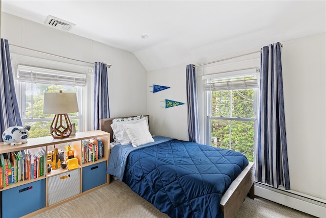 28 Shore Rd, Babylon, NY 11702 - bedroom with vaulted ceiling, carpet floors, a baseboard radiator, and multiple windows