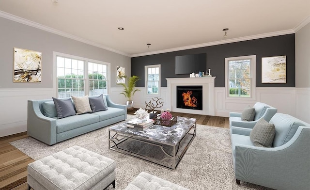 118 Broadway, Massapequa Park, NY 11762 - living room featuring crown molding, wood finished floors, wainscoting, a lit fireplace, and a decorative wall