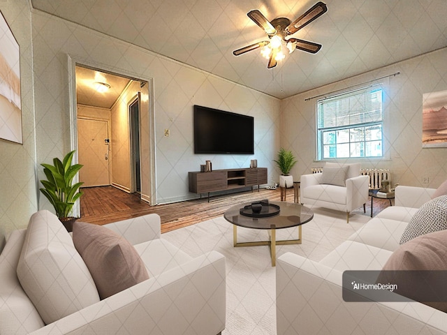 5607 31st Ave Unit 1B, Woodside, NY 11377 - living area featuring radiator heating unit, ceiling fan, and wood finished floors