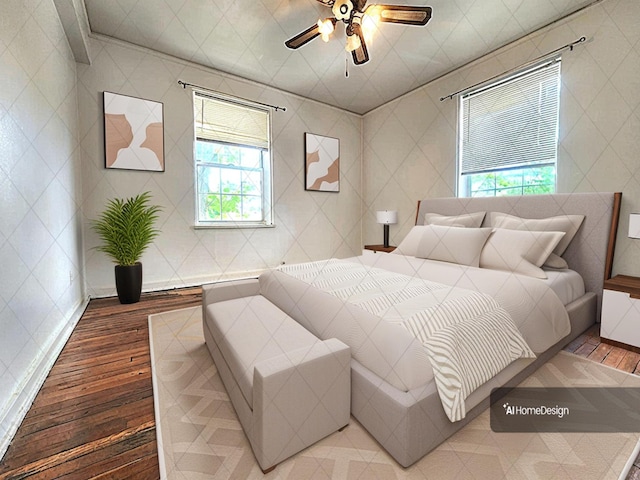 5607 31st Ave Unit 1B, Woodside, NY 11377 - bedroom featuring multiple windows, light wood-style floors, and a ceiling fan