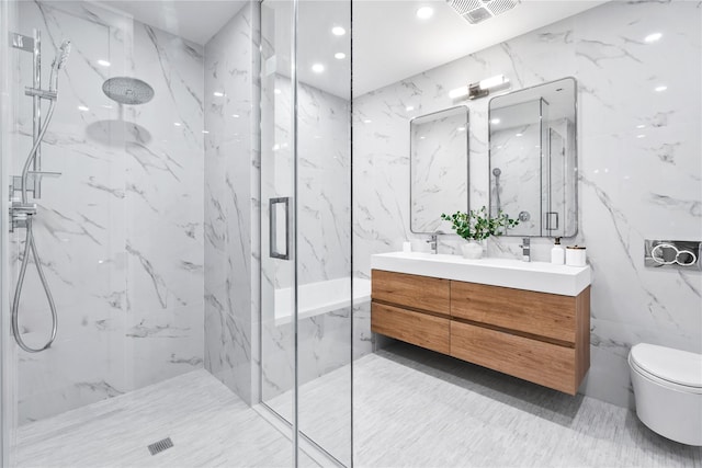 78-29 Austin St Unit Th1, Forest Hills, NY 11375 - full bath featuring tile walls, a marble finish shower, double vanity, toilet, and recessed lighting