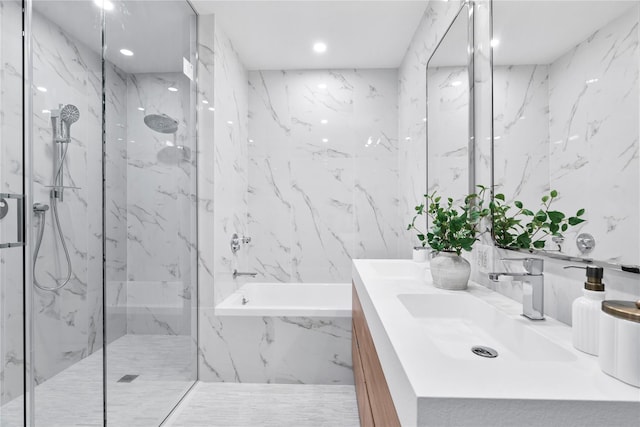 78-29 Austin St Unit Th1, Forest Hills, NY 11375 - full bathroom featuring double vanity, a marble finish shower, a garden tub, and recessed lighting