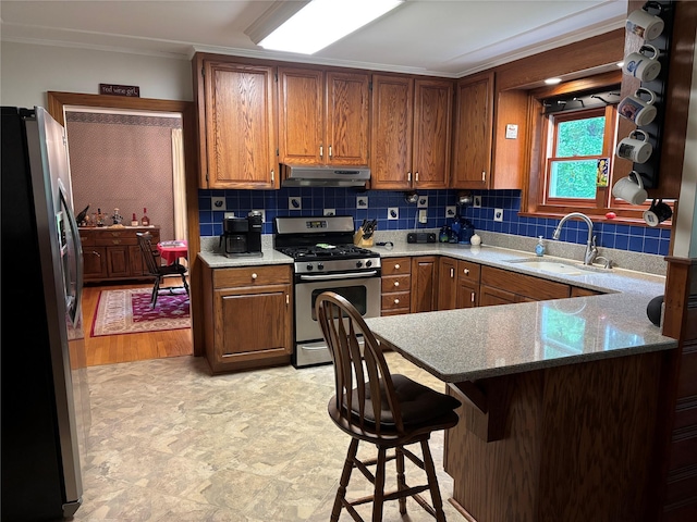 15 Orchard Rd, Poughkeepsie, NY 12603 - kitchen featuring stainless steel appliances, under cabinet range hood, a sink, crown molding, and a peninsula