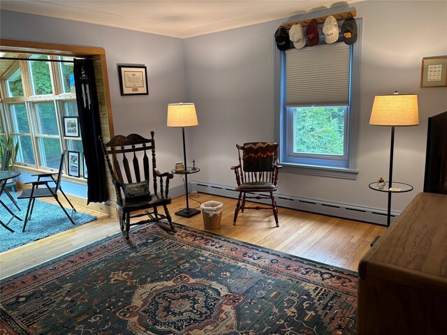 15 Orchard Rd, Poughkeepsie, NY 12603 - living area with a baseboard radiator, wood finished floors, and ornamental molding