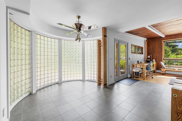 15 Relyea Ter, Wappingers Falls, NY 12590 - unfurnished office featuring tile patterned flooring, ceiling fan, wooden ceiling, wooden walls, and a baseboard radiator