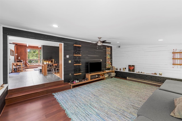 15 Relyea Ter, Wappingers Falls, NY 12590 - living area with wood finished floors, a ceiling fan, recessed lighting, and wooden walls