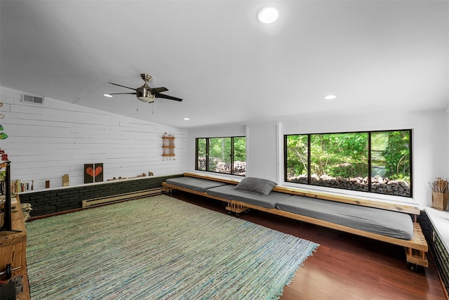 15 Relyea Ter, Wappingers Falls, NY 12590 - living room featuring wood finished floors, ceiling fan, a baseboard radiator, vaulted ceiling, and recessed lighting