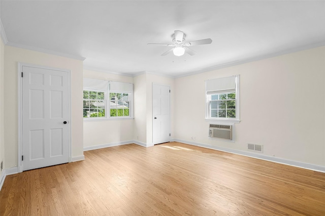 4 Senate Pl, Larchmont, NY 10538 - spare room featuring ceiling fan, light wood-style flooring, a wall mounted AC, and crown molding