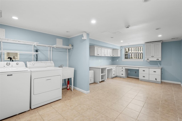 4 Senate Pl, Larchmont, NY 10538 - laundry area with washer and dryer, ornamental molding, a desk, light tile patterned flooring, and recessed lighting