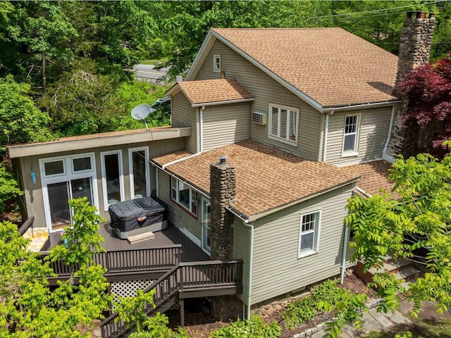 5221-5223 Rte 28, Mount Tremper, NY 12457 - back of house featuring a chimney, a deck, roof with shingles, and a hot tub