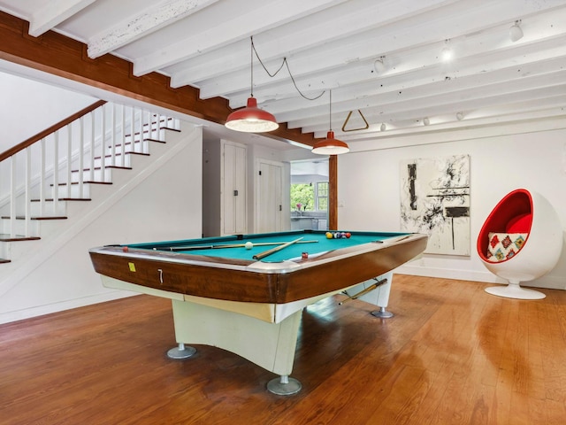5221-5223 Rte 28, Mount Tremper, NY 12457 - recreation room with beamed ceiling, pool table, wood finished floors, and baseboards