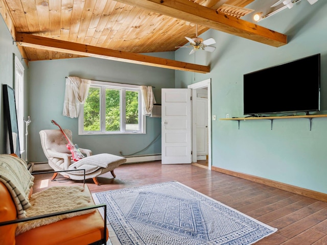 5221-5223 Rte 28, Mount Tremper, NY 12457 - sitting room featuring a baseboard radiator, ceiling fan, wooden ceiling, wood finished floors, and baseboards