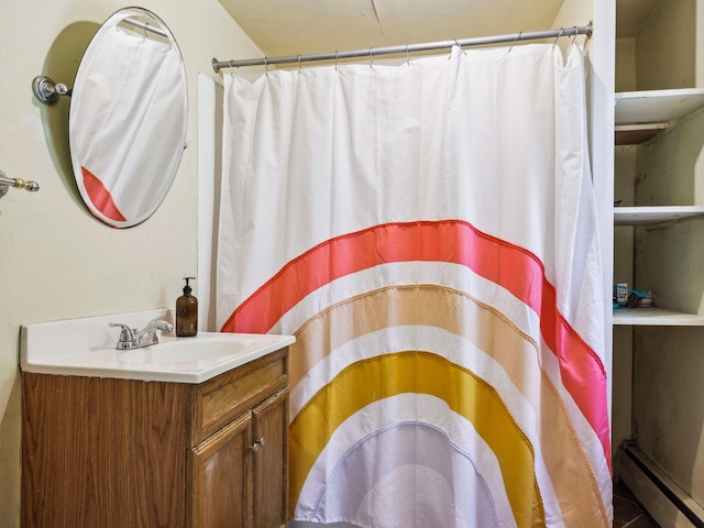 5221-5223 Rte 28, Mount Tremper, NY 12457 - full bathroom with a baseboard radiator, vanity, and a shower with curtain