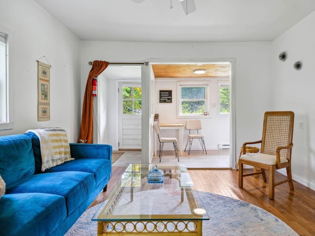 5221-5223 Rte 28, Mount Tremper, NY 12457 - living room with hardwood / wood-style floors, ceiling fan, baseboards, and a baseboard heating unit