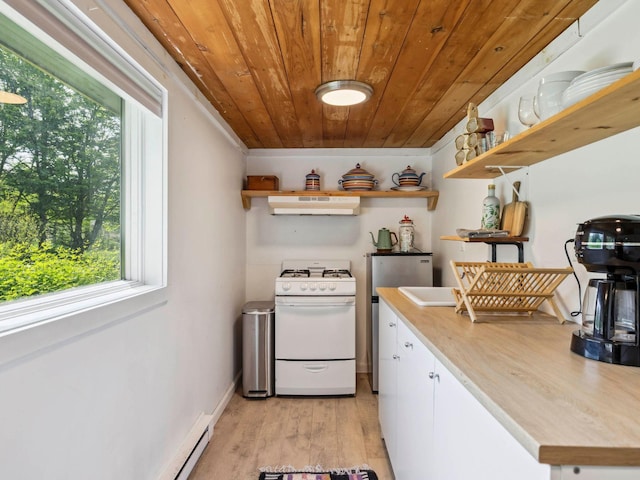 5221-5223 Rte 28, Mount Tremper, NY 12457 - kitchen featuring white range with gas stovetop, under cabinet range hood, open shelves, wooden ceiling, and healthy amount of natural light