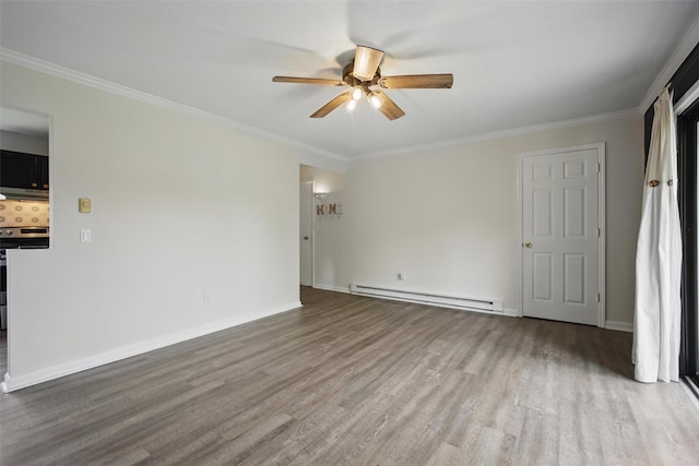 10 Millholland Dr Unit N, Fishkill, NY 12524 - unfurnished living room featuring a baseboard radiator, a ceiling fan, wood finished floors, ornamental molding, and baseboards