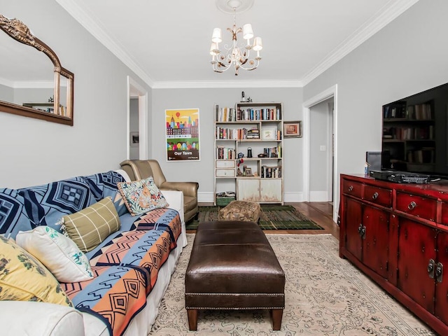525 W 238th St Unit 1L, Bronx, NY 10463 - living area featuring a chandelier, ornamental molding, wood finished floors, and baseboards