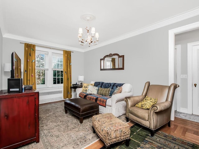 525 W 238th St Unit 1L, Bronx, NY 10463 - living area with radiator heating unit, a chandelier, and crown molding