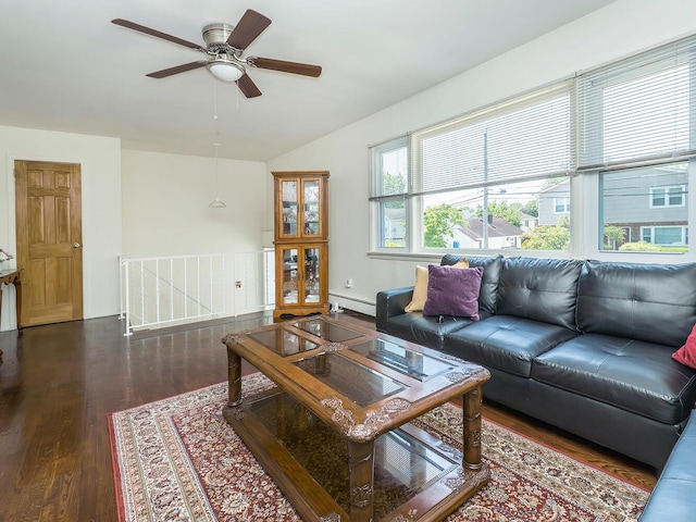 14 Marwood Rd S, Port Washington, NY 11050 - living area featuring baseboard heating, wood finished floors, a ceiling fan, and lofted ceiling