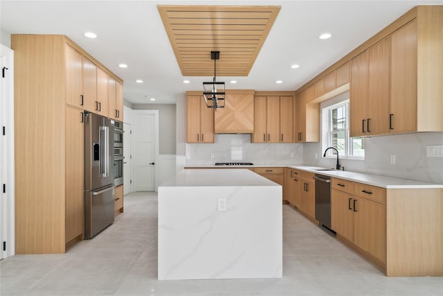 78 Shafter Ave, Albertson, NY 11507 - kitchen featuring appliances with stainless steel finishes, a kitchen island, decorative backsplash, pendant lighting, and recessed lighting