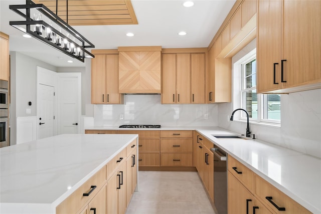 78 Shafter Ave, Albertson, NY 11507 - kitchen featuring light brown cabinets, premium range hood, recessed lighting, appliances with stainless steel finishes, and tasteful backsplash
