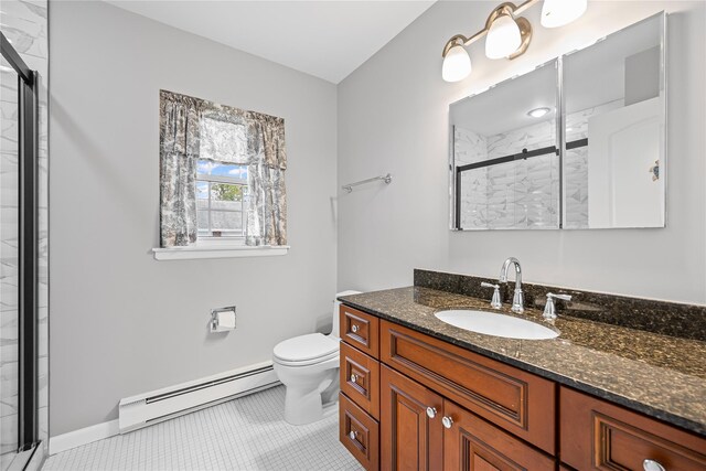 28 Trent Ct Unit B, Ridge, NY 11961 - full bathroom featuring a baseboard radiator, a marble finish shower, vanity, toilet, and tile patterned floors