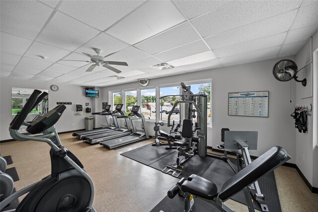 28 Trent Ct Unit B, Ridge, NY 11961 - gym with a paneled ceiling, a ceiling fan, and baseboards