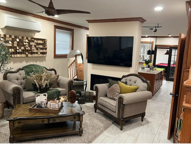 2946 Lurting Ave, Bronx, NY 10469 - living area featuring a wall mounted AC, ornamental molding, a ceiling fan, and recessed lighting
