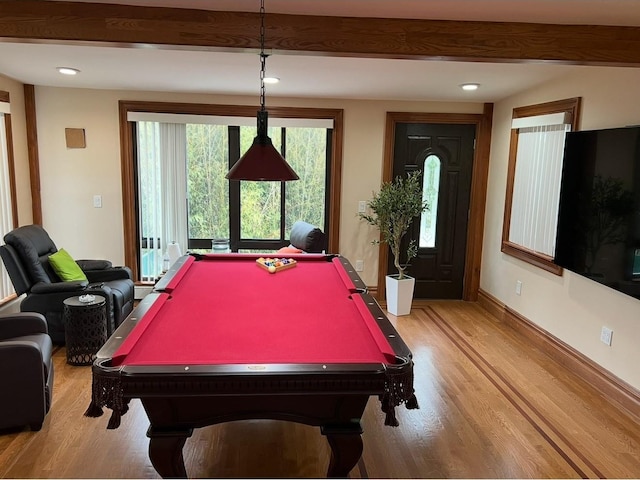 2946 Lurting Ave, Bronx, NY 10469 - recreation room featuring light wood-style flooring, beam ceiling, pool table, recessed lighting, and baseboards
