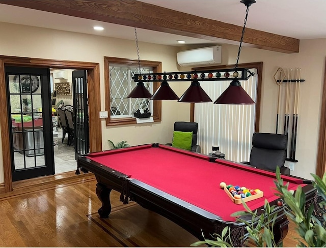 2946 Lurting Ave, Bronx, NY 10469 - game room featuring a wall unit AC, wood finished floors, billiards, recessed lighting, and beamed ceiling