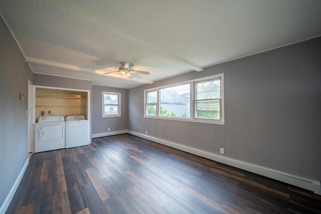 31 Peninsula Blvd, Valley Stream, NY 11581 - unfurnished room with a baseboard heating unit, dark wood-type flooring, ceiling fan, and washer and clothes dryer