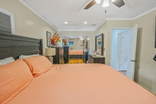 263 Claywood Dr, Brentwood, NY 11717 - bedroom featuring ornamental molding, recessed lighting, wood finished floors, and ceiling fan