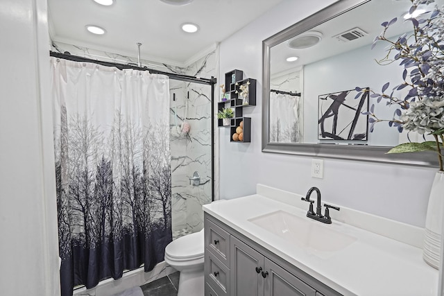 263 Claywood Dr, Brentwood, NY 11717 - bathroom featuring vanity, a shower with shower curtain, toilet, recessed lighting, and ornamental molding
