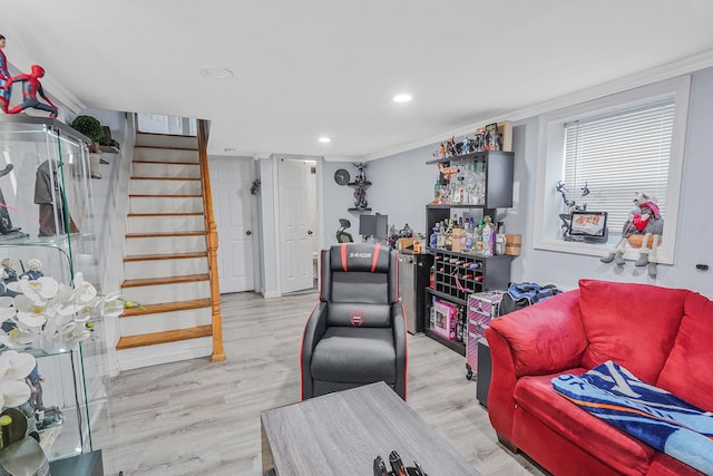 263 Claywood Dr, Brentwood, NY 11717 - living area with stairway, wood finished floors, ornamental molding, and recessed lighting