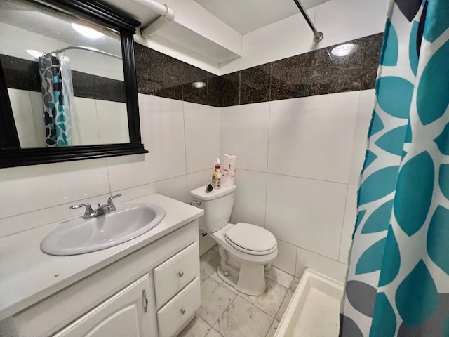 75-09 60th Pl, Glendale, NY 11385 - full bath featuring vanity, a shower with shower curtain, toilet, and tile walls