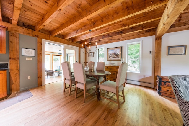 1900 Home, Sheffield, MA 01230 - dining room with a baseboard heating unit, light wood-style flooring, a chandelier, wooden ceiling with exposed beams, and baseboards