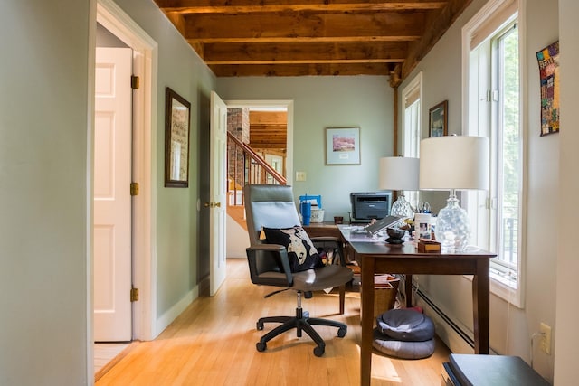 1900 Home, Sheffield, MA 01230 - office featuring a baseboard radiator, healthy amount of natural light, beam ceiling, and light wood finished floors